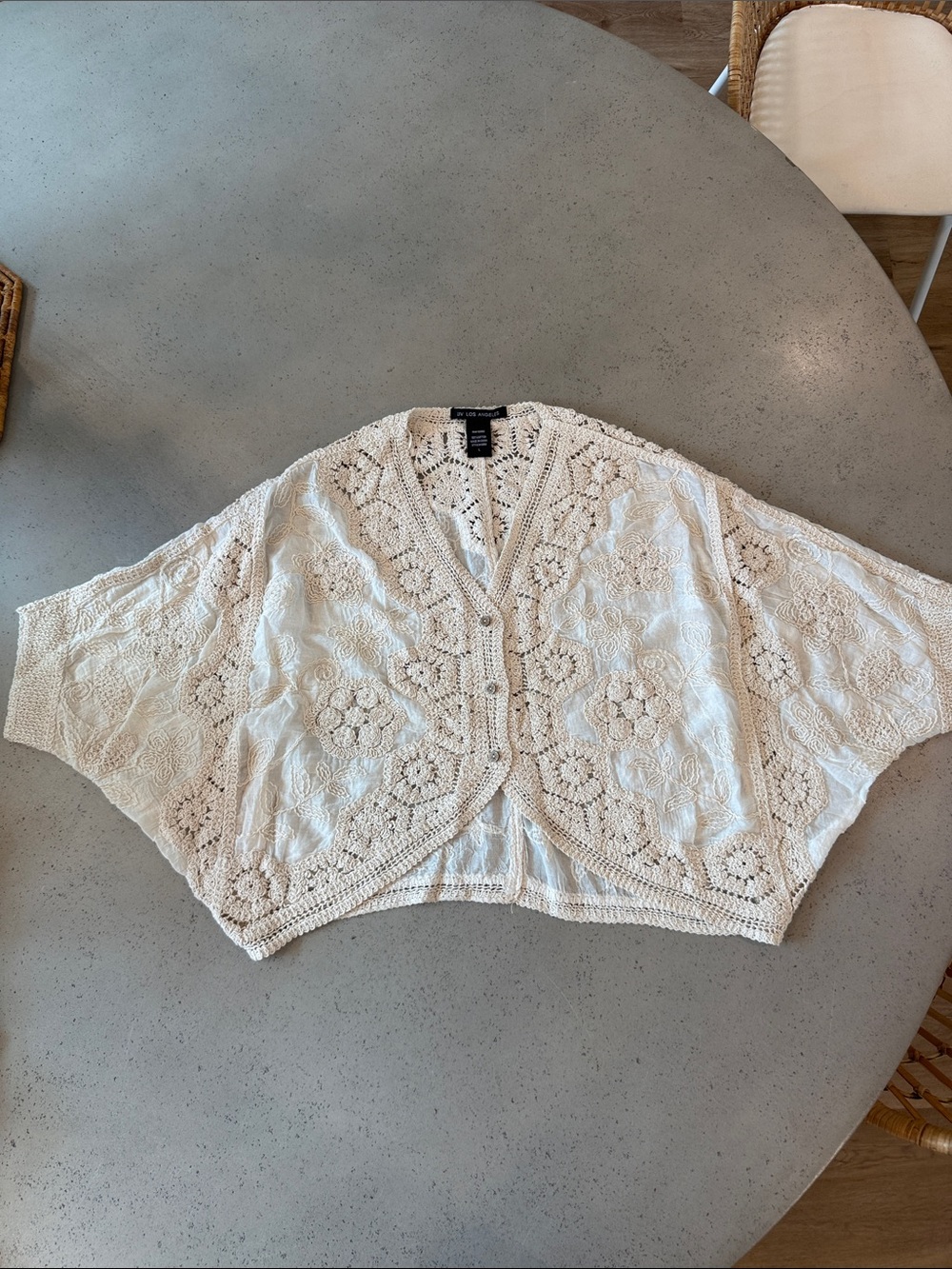 Cream Crochet Openwork Kimono Cardigan
